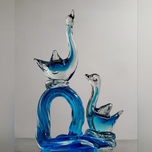 9" Blue Hand Blown Murano Style Glass Swan Sculpture